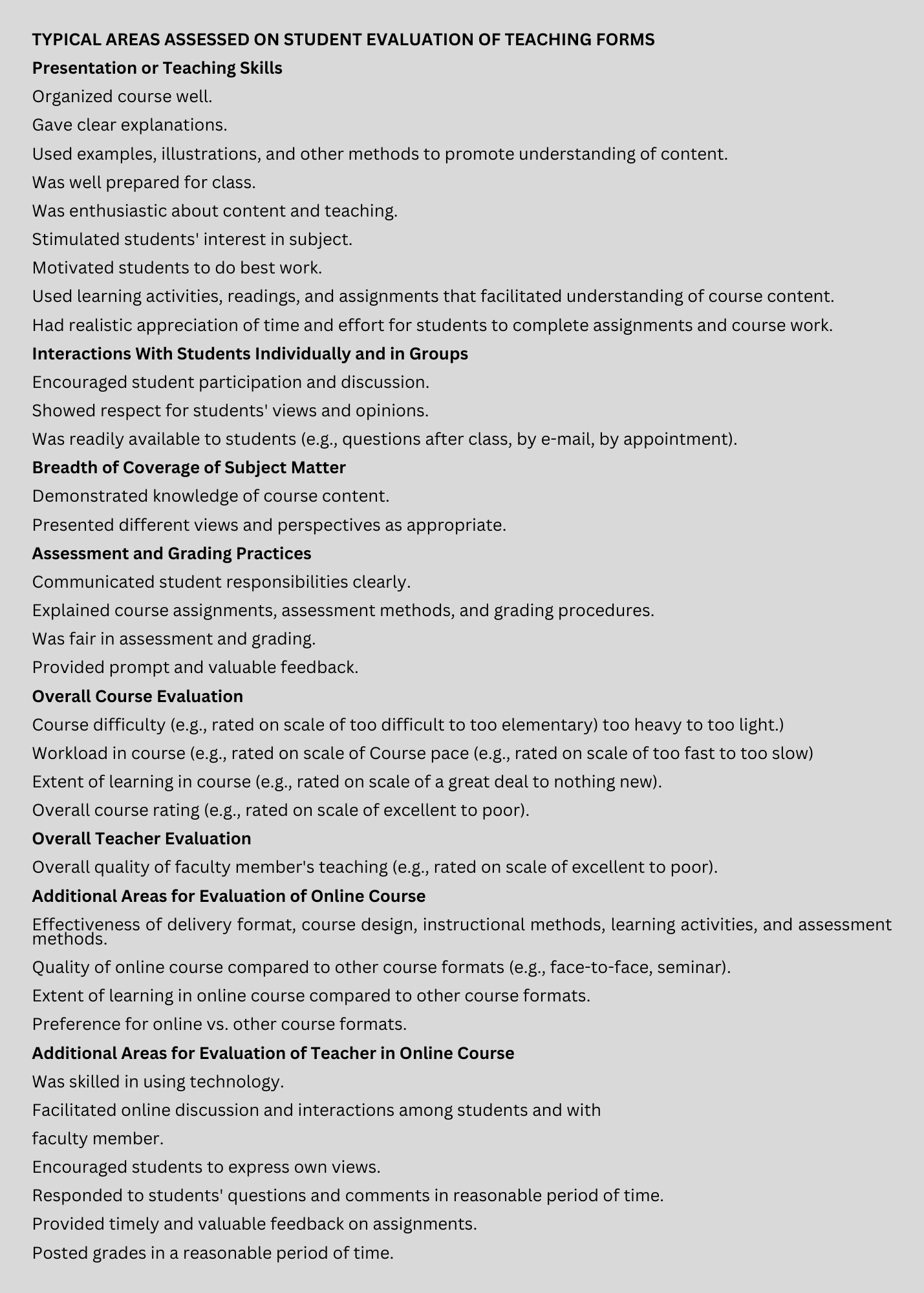 TYPICAL AREAS ASSESSED ON STUDENT EVALUATION OF TEACHING FORMS