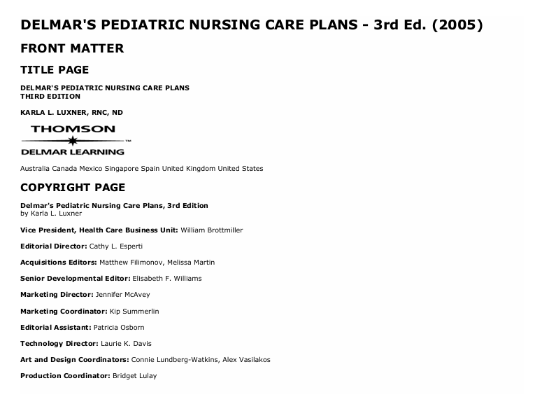 DELMAR'S PEDIATRIC NURSING CARE PLANS - 3rd Ed.