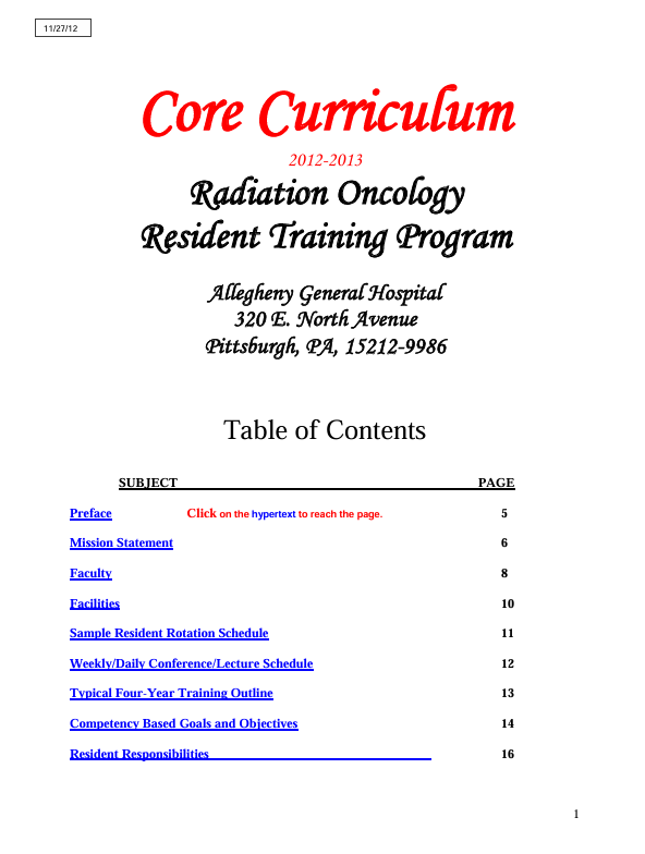 Radiation Oncology Resident Training Program