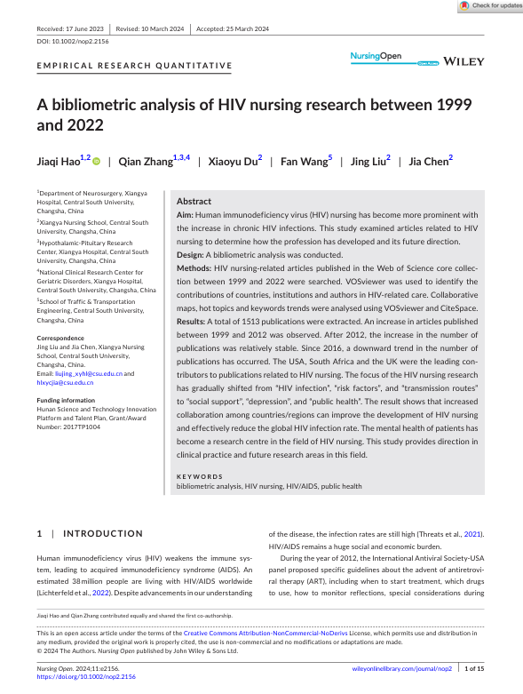 A bibliometric analysis of HIV nursing research between 1999 and 2022