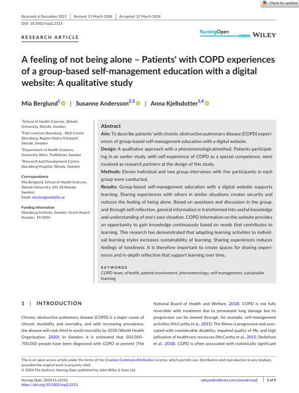 A feeling of not being alone – Patients' with COPD experiences of a group- based self- management education with a digital website: A qualitative study