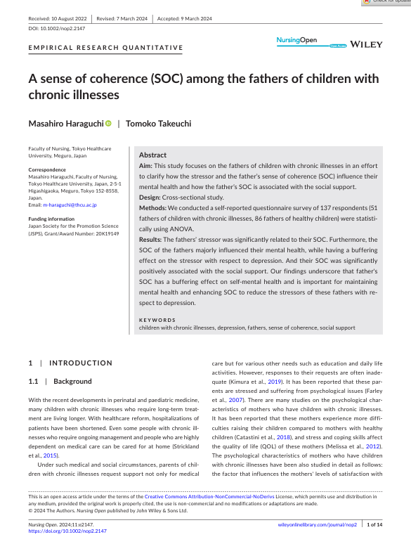A sense of coherence (SOC) among the fathers of children with chronic illnesses