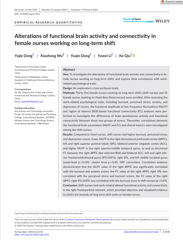 Alterations of functional brain activity and connectivity in female nurses working on long- term shift