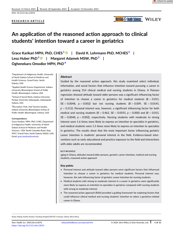 An application of the reasoned action approach to clinical students' intention toward a career in geriatrics