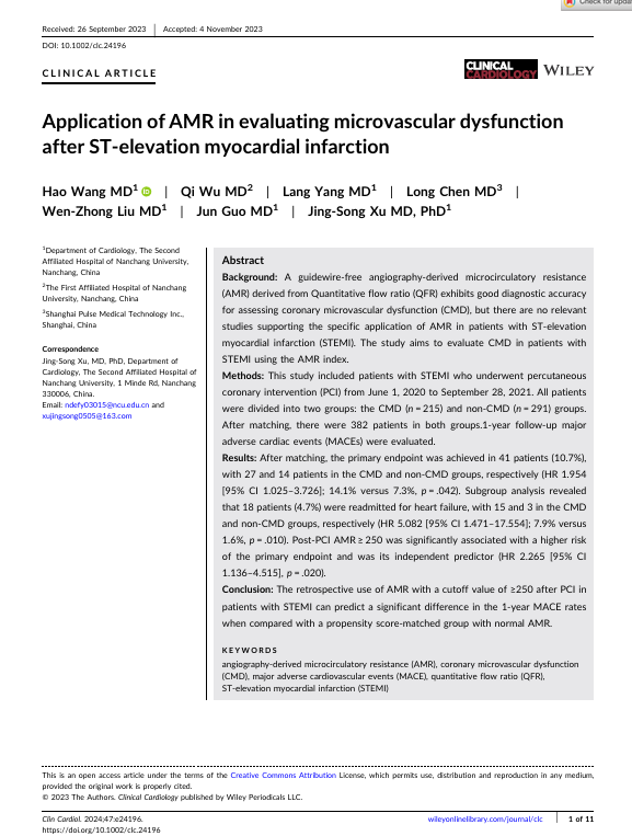 Application of AMR in evaluating microvascular dysfunction after ST- elevation myocardial infarction