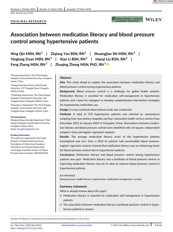Association between medication literacy and blood pressure control among hypertensive patients