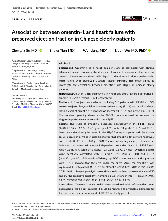 Association between omentin‐1 and heart failure with preserved ejection fraction in Chinese elderly patients