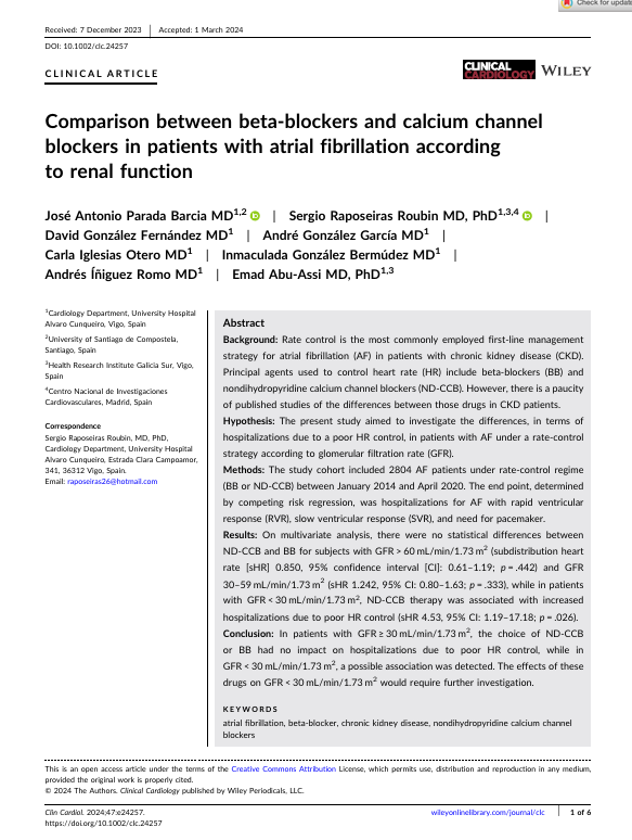 Comparison between beta‐blockers and calcium channel blockers in patients with atrial fibrillation according to renal function