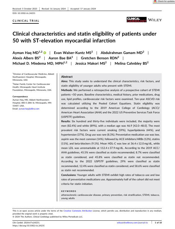 Clinical characteristics and statin eligibility of patients under 50 with ST‐elevation myocardial infarction