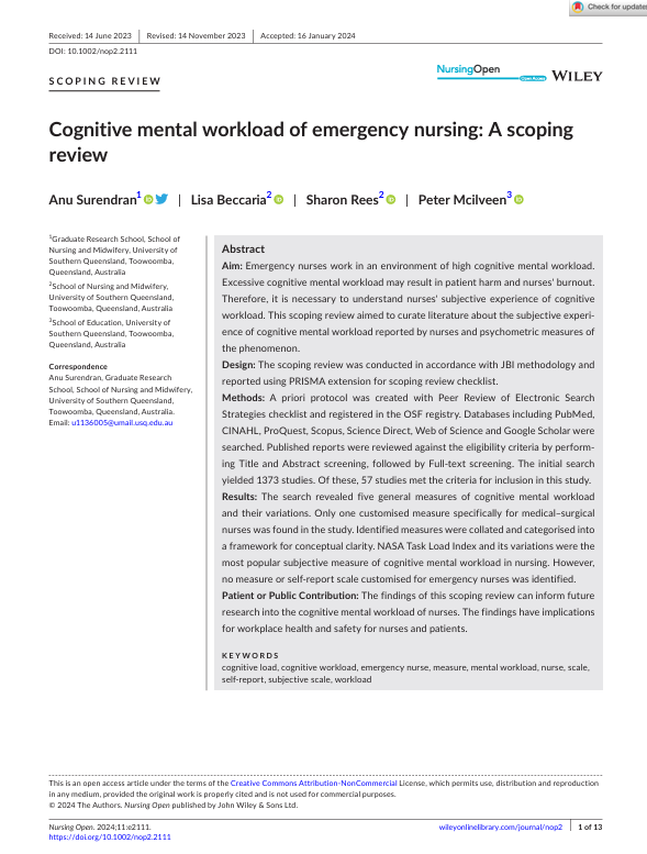 Cognitive mental workload of emergency nursing: A scoping review