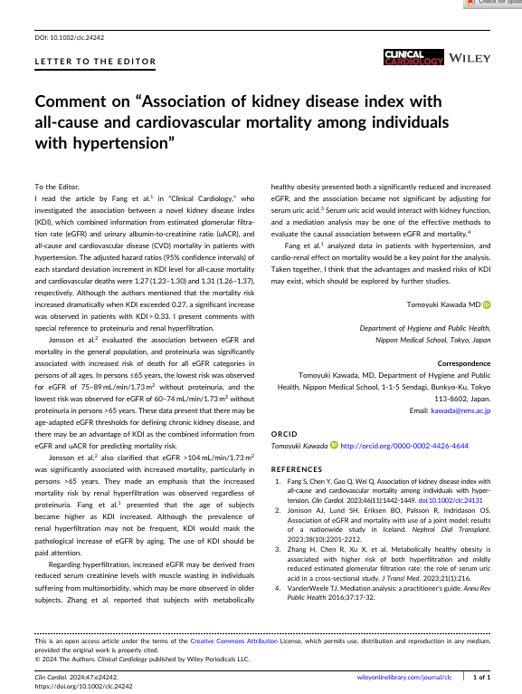 Comment on “Association of kidney disease index with all‐cause and cardiovascular mortality among individuals with hypertension”