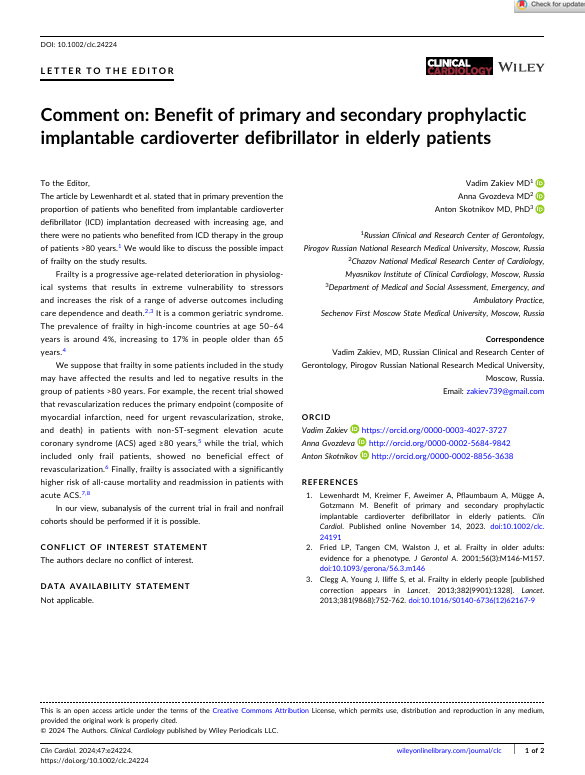 Comment on: Benefit of primary and secondary prophylactic implantable cardioverter defibrillator in elderly patients
