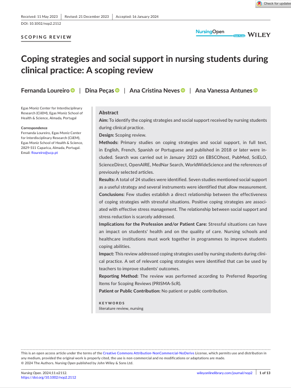 Coping strategies and social support in nursing students during clinical practice: A scoping review