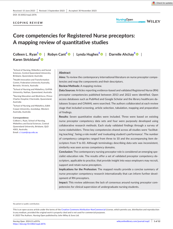 Core competencies for Registered Nurse preceptors: A mapping review of quantitative studies