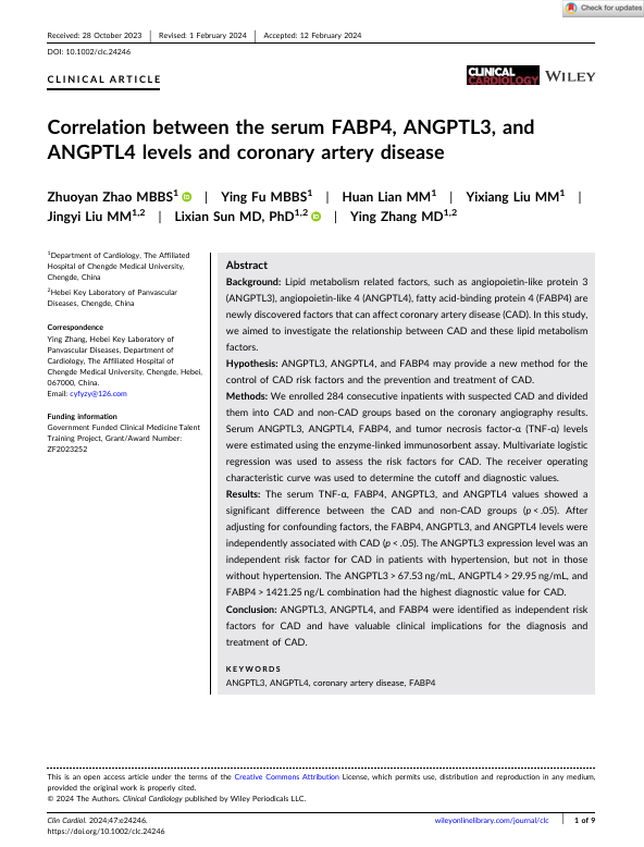 Correlation between the serum FABP4, ANGPTL3, and ANGPTL4 levels and coronary artery disease