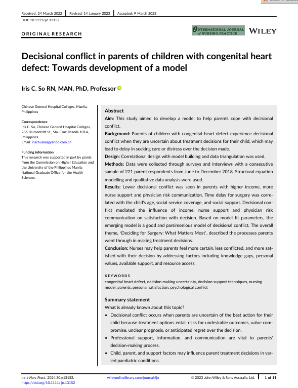 Decisional conflict in parents of children with congenital heart defect: Towards development of a model