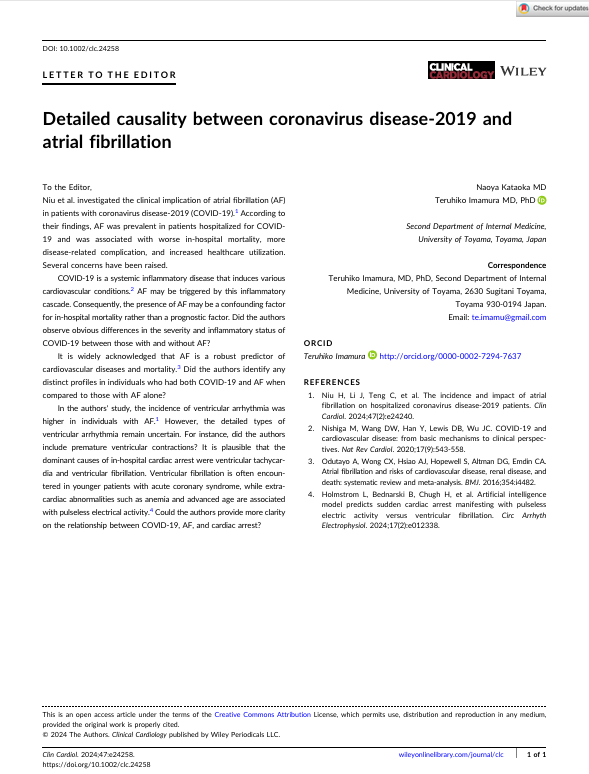 Detailed causality between coronavirus disease‐2019 and atrial fibrillation