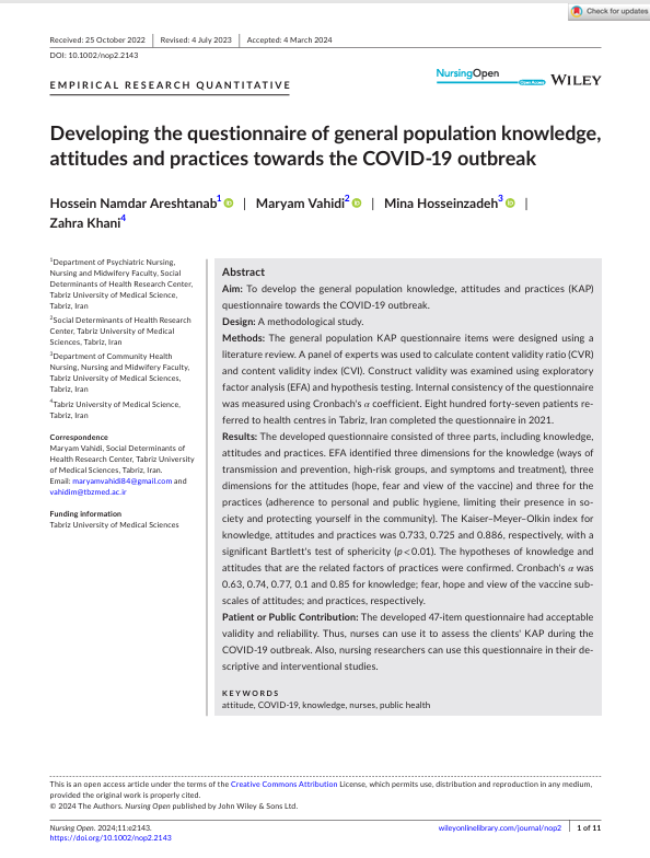 Developing the questionnaire of general population knowledge, attitudes and practices towards the COVID- 19 outbreak