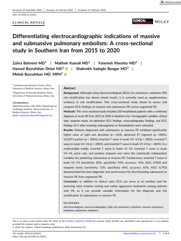 Differentiating electrocardiographic indications of massive and submassive pulmonary embolism: A cross‐sectional study in Southern Iran from 2015 to 2020