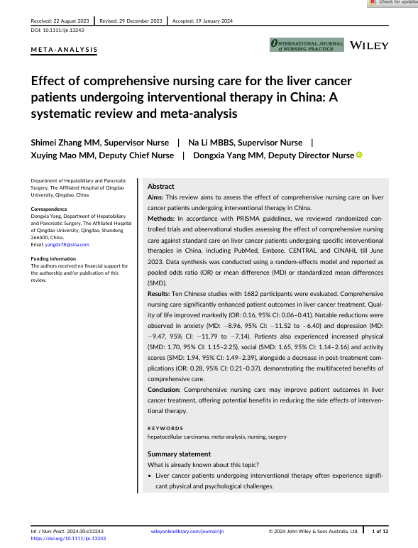 Effect of comprehensive nursing care for the liver cancer patients undergoing interventional therapy in China: A systematic review and meta-analysis