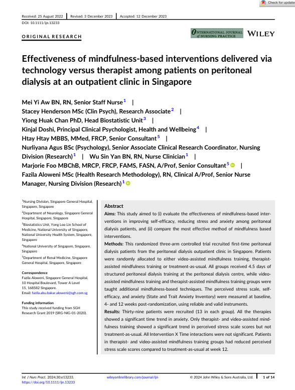 Effectiveness of mindfulness-based interventions delivered via technology versus therapist among patients on peritoneal dialysis at an outpatient clinic in Singapore