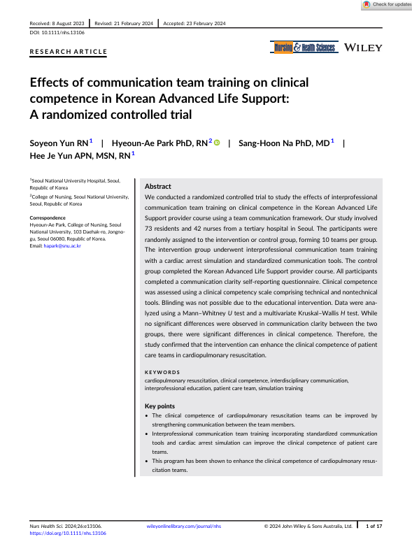 Effects of communication team training on clinical competence in Korean Advanced Life Support: A randomized controlled trial