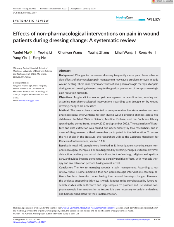 Effects of non- pharmacological interventions on pain in wound patients during dressing change: A systematic review