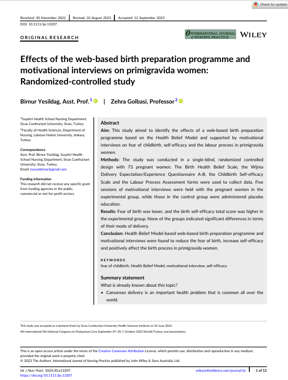 Effects of the web-based birth preparation programme and motivational interviews on primigravida women: Randomized-controlled study