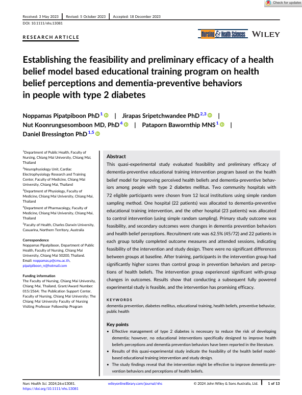 Establishing the feasibility and preliminary efficacy of a health belief model based educational training program on health belief perceptions and dementia-preventive behaviors in people with type 2 diabetes