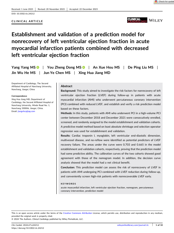 Establishment and validation of a prediction model for nonrecovery of left ventricular ejection fraction in acute myocardial infarction patients combined with decreased left ventricular ejection fraction