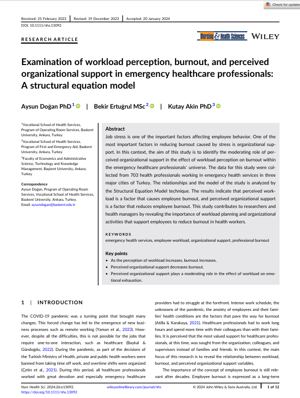 Examination of workload perception, burnout, and perceived organizational support in emergency healthcare professionals: A structural equation model