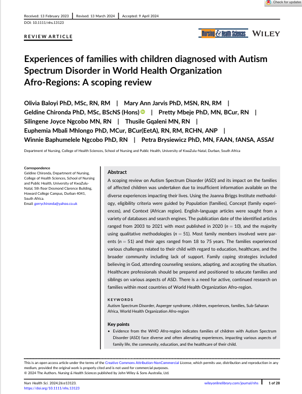 Experiences of families with children diagnosed with Autism spectrum Disorder in World Health Organization Afro-Regions: A scoping review