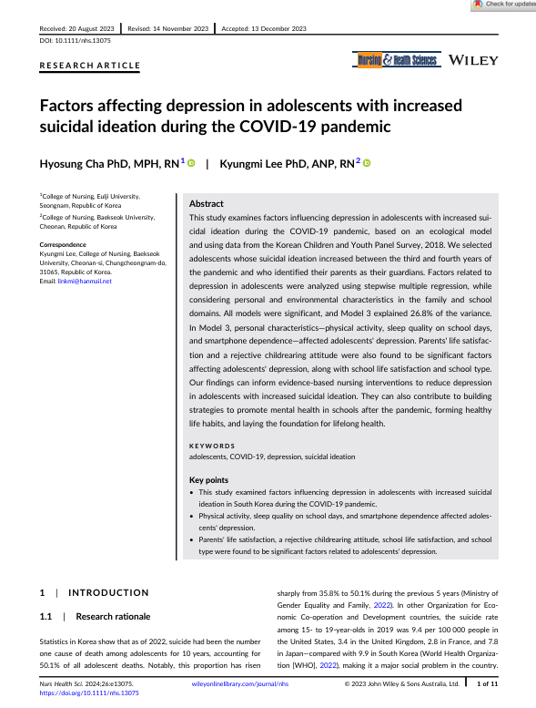Factors affecting depression in adolescents with increased suicidal ideation during the COVID-19 pandemic