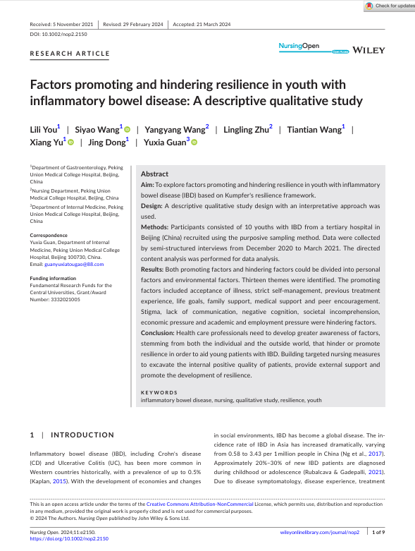 Factors promoting and hindering resilience in youth with inflammatory bowel disease: A descriptive qualitative study