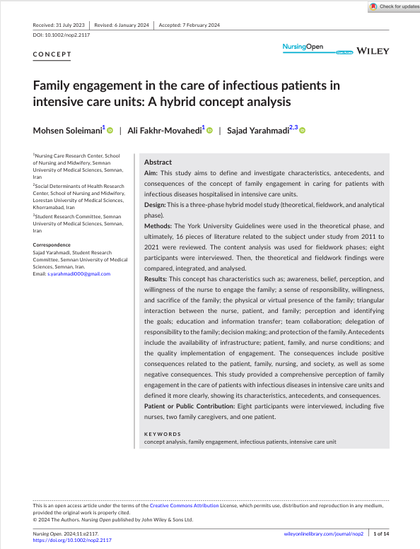 Family engagement in the care of infectious patients in intensive care units: A hybrid concept analysis