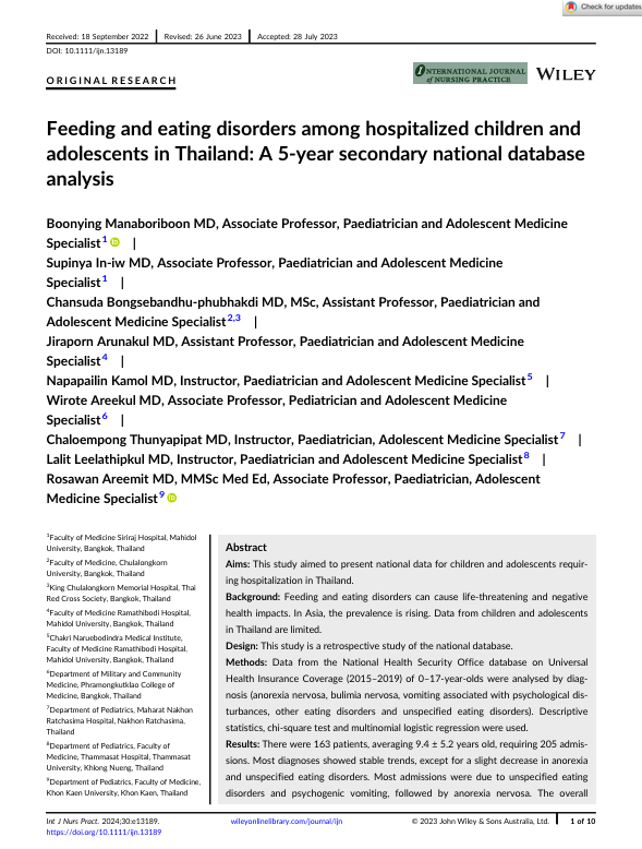 Feeding and eating disorders among hospitalized children and adolescents in Thailand: A 5-year secondary national database analysis