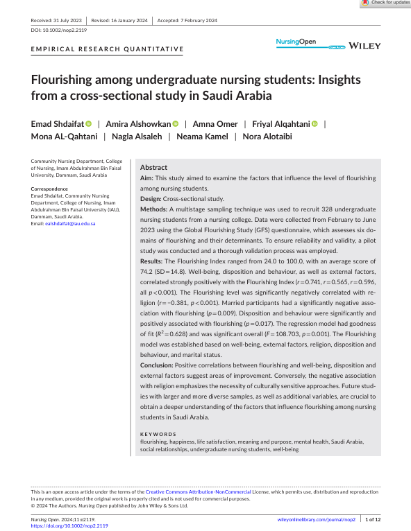 Flourishing among undergraduate nursing students: Insights from a cross- sectional study in Saudi Arabia