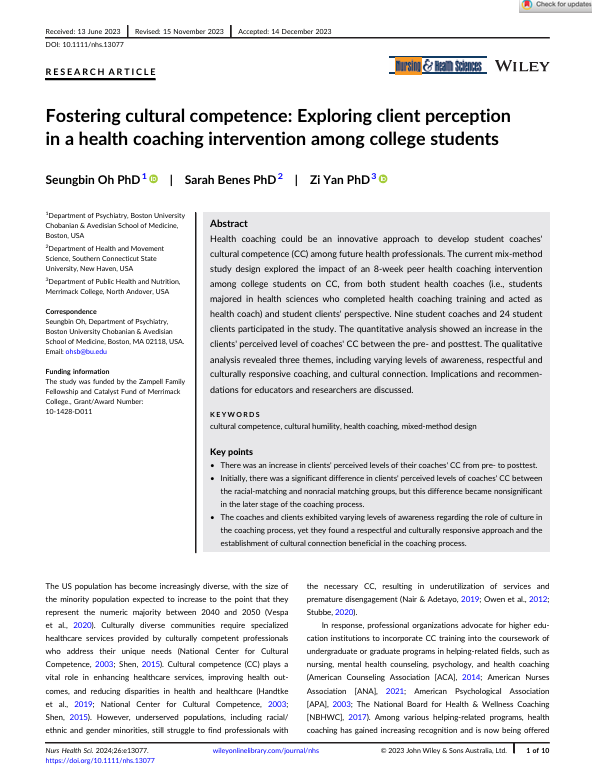 Fostering cultural competence: Exploring client perception in a health coaching intervention among college students
