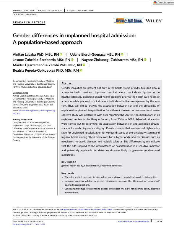 Gender differences in unplanned hospital admission: A population-based approach