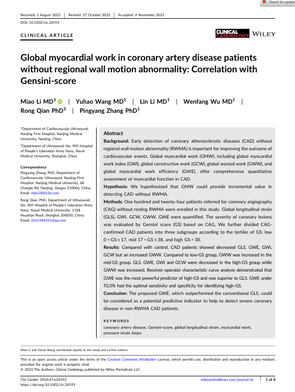 Global myocardial work in coronary artery disease patients without regional wall motion abnormality: Correlation with Gensini‐score