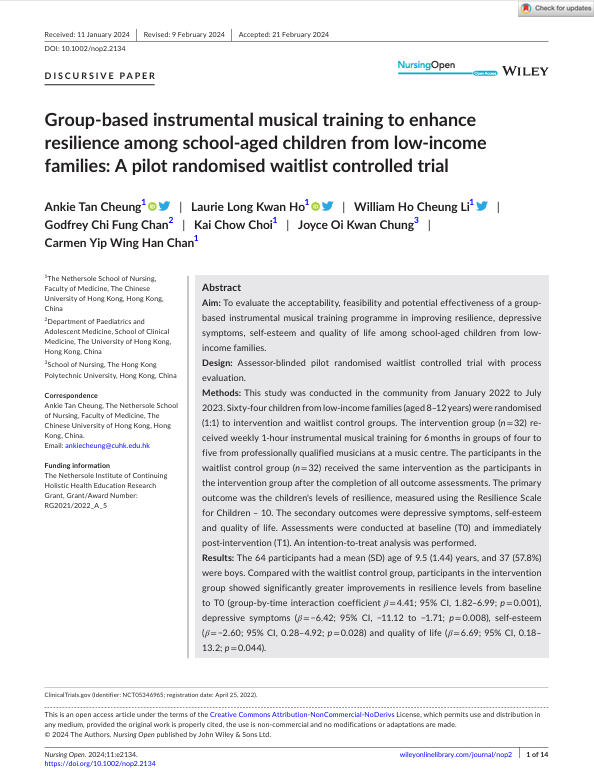 Group- based instrumental musical training to enhance resilience among school- aged children from low- income families: A pilot randomised waitlist controlled trial