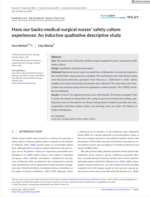 Have our backs- medical- surgical nurses’ safety culture experiences: An inductive qualitative descriptive study