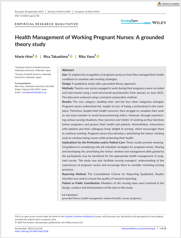 Health Management of Working Pregnant Nurses: A grounded theory study