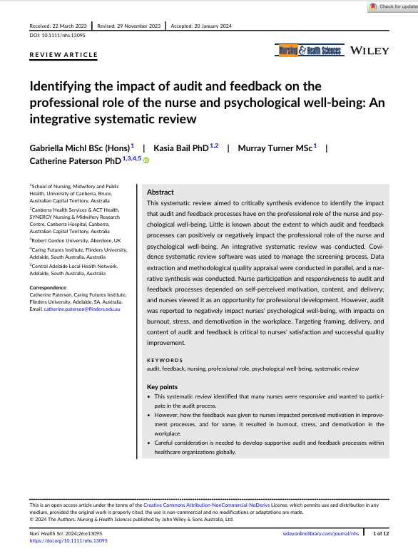 Identifying the impact of audit and feedback on the professional role of the nurse and psychological well-being: An integrative systematic review
