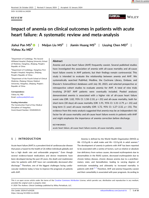 Impact of anemia on clinical outcomes in patients with acute heart failure: A systematic review and meta‐analysis