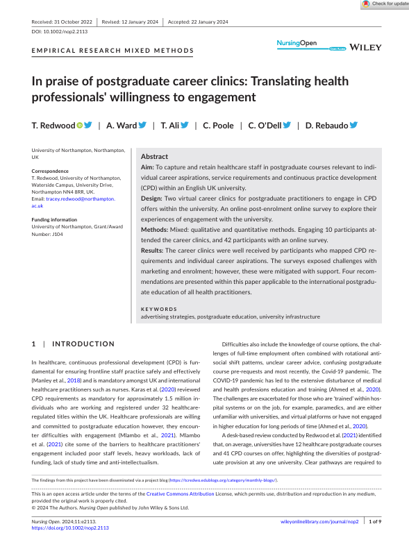 In praise of postgraduate career clinics: Translating health professionals' willingness to engagement
