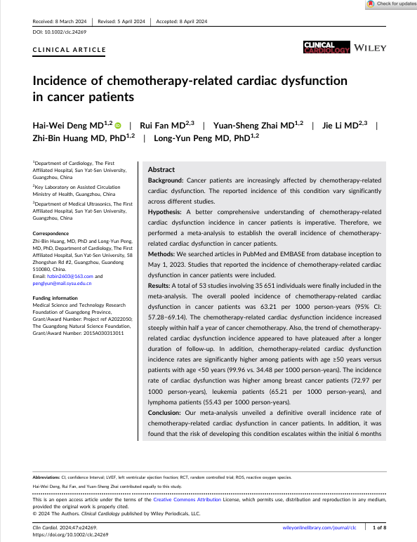 Incidence of chemotherapy‐related cardiac dysfunction in cancer patients