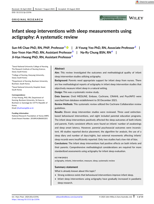 Infant sleep interventions with sleep measurements using actigraphy: A systematic review