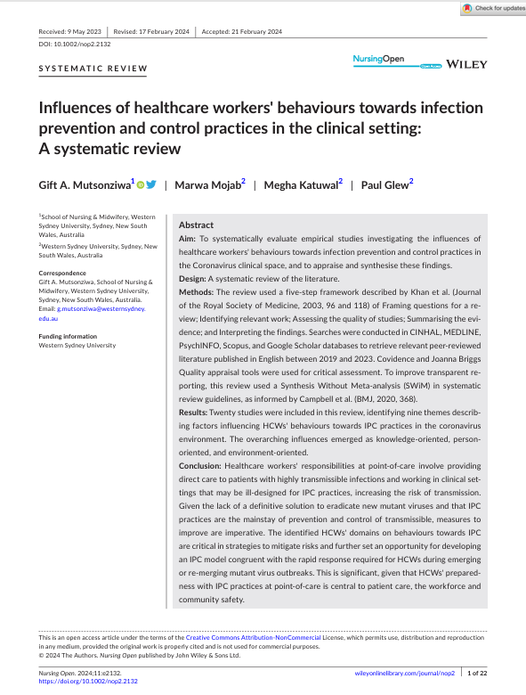 Influences of healthcare workers' behaviours towards infection prevention and control practices in the clinical setting: A systematic review
