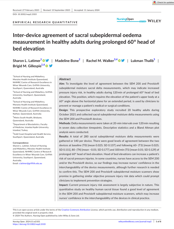 Inter- device agreement of sacral subepidermal oedema measurement in healthy adults during prolonged 60° head of bed elevation